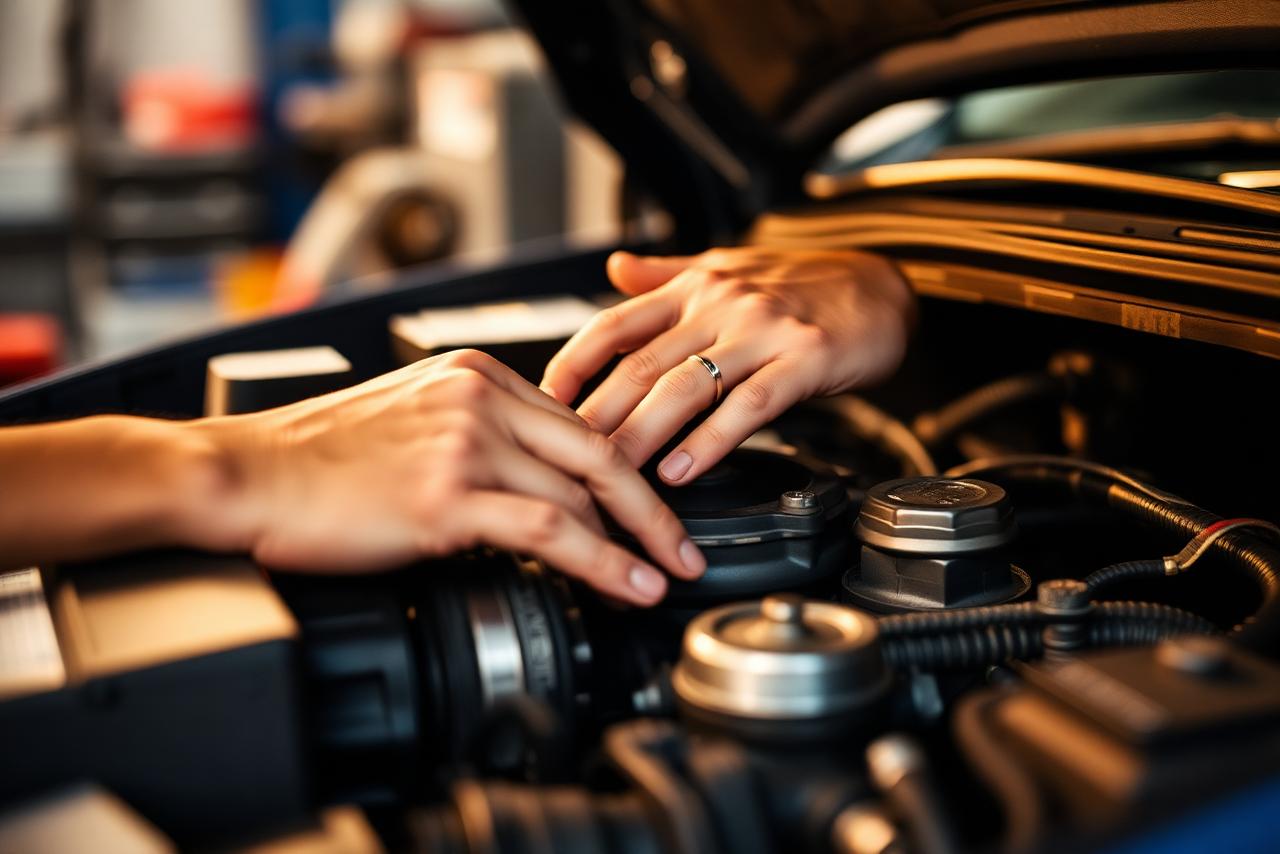 Meccanico al lavoro sul motore di un'automobile